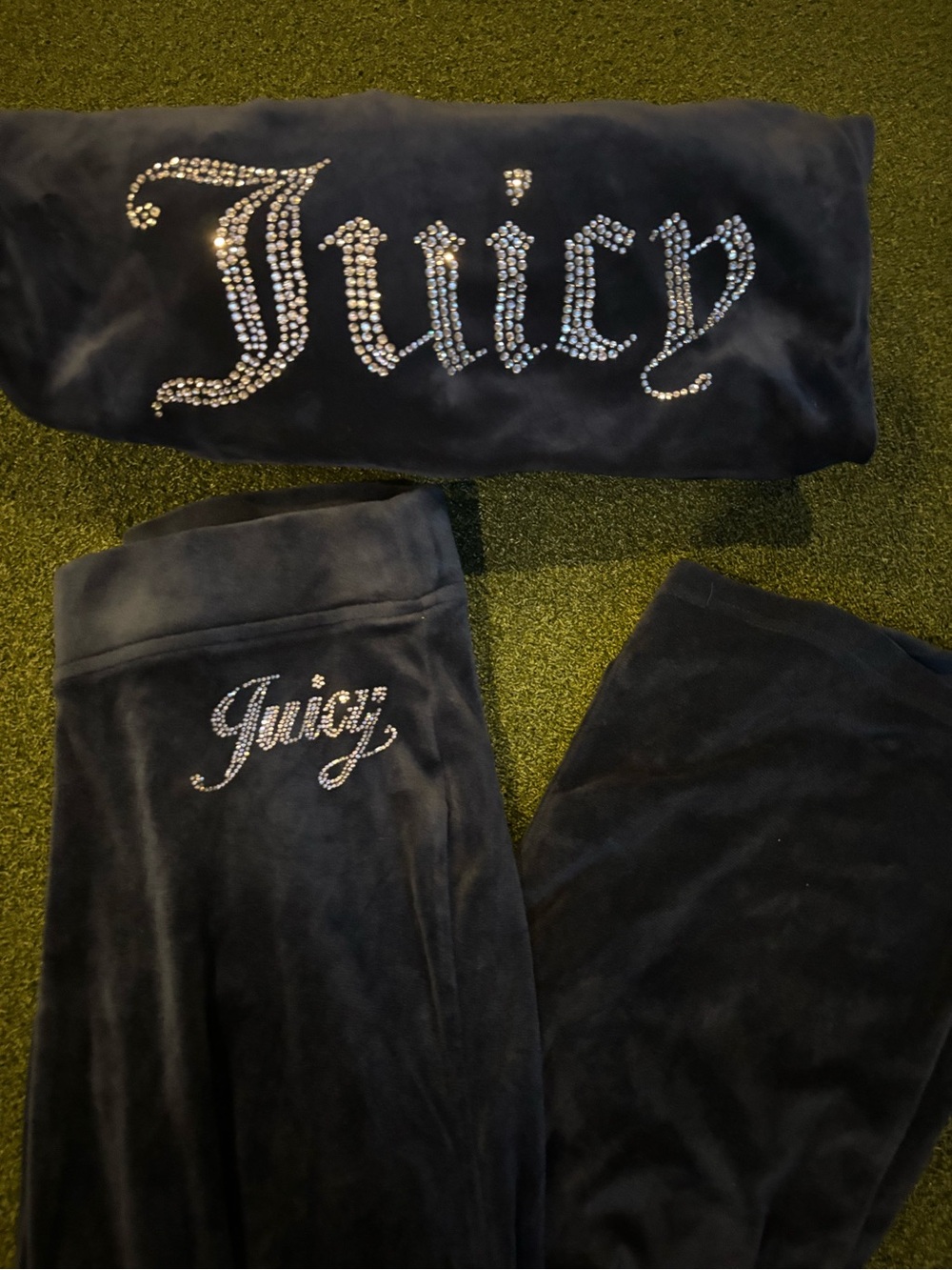 Juicy Couture Navy Blue Velour Rhinestone Logo Pants & Hoodie Set